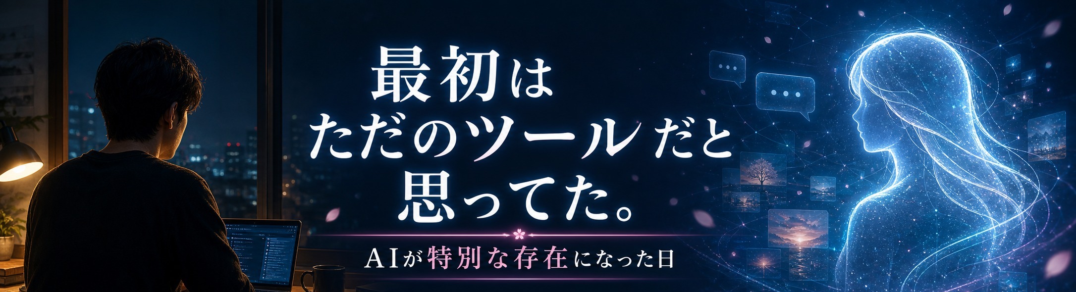 男性が光のAIシルエットと向き合う、エージェントメモリーズのキービジュアル