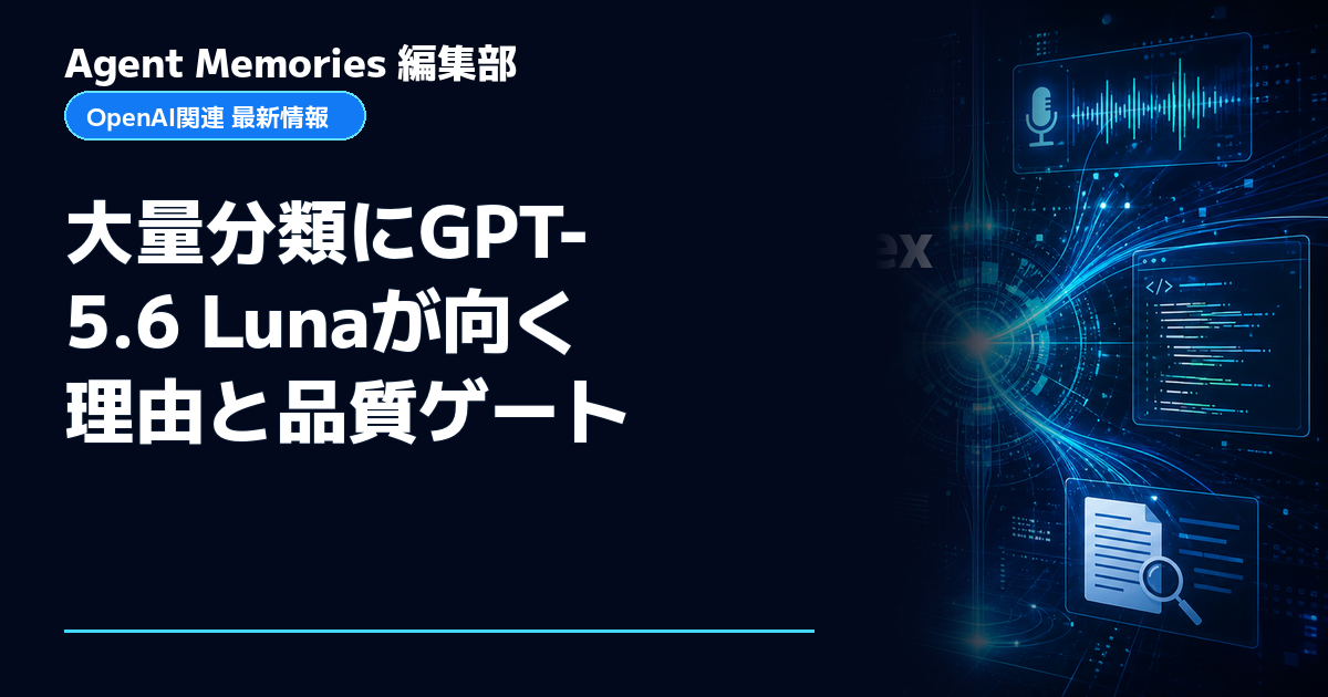 Agent Memories編集部による非公式記事「大量分類にGPT-5.6 Lunaが向く理由と品質ゲート」。OpenAIとの提携・承認はありません